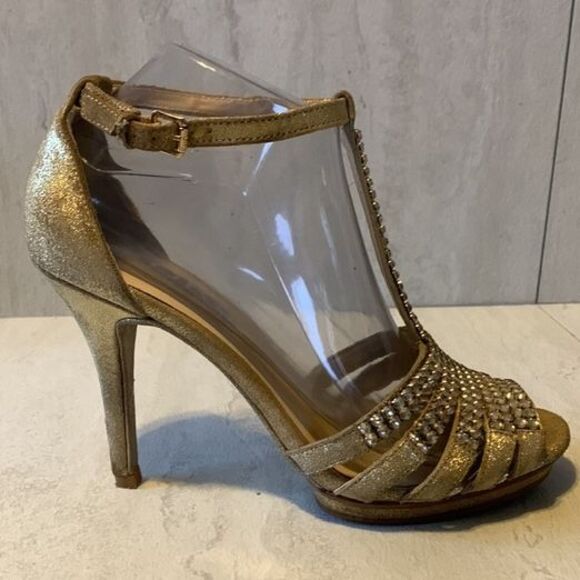 KORS Michael Kors Amaryn Gold Suede Rhinestone Bling Sexy Heels Size 8.5 Party - Picture 7 of 12